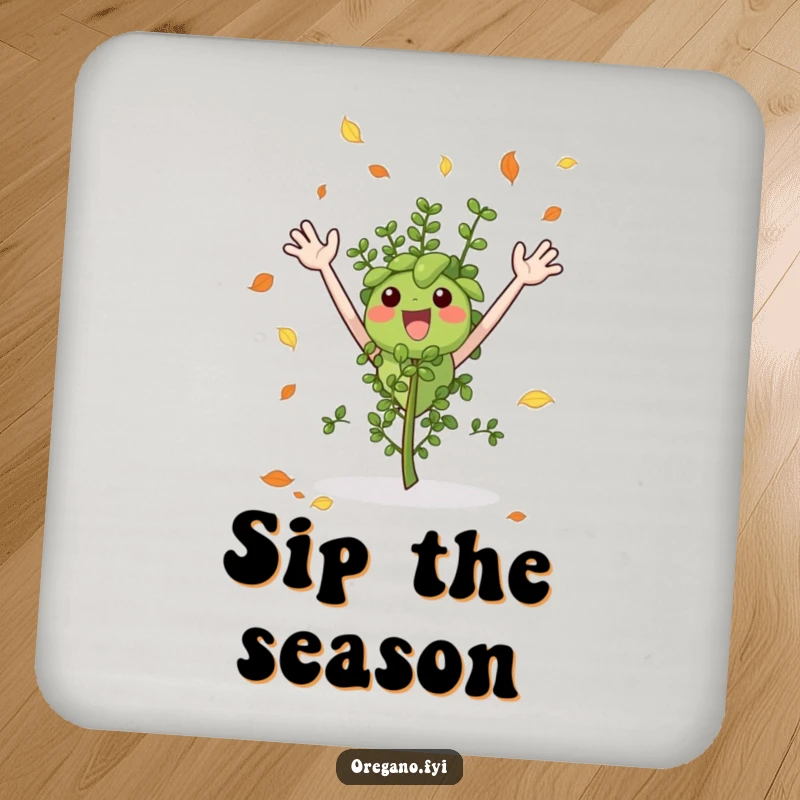 Funny coaster showing an excited oregano sprig catching falling autumn leaves, adding a touch of seasonal cheer.