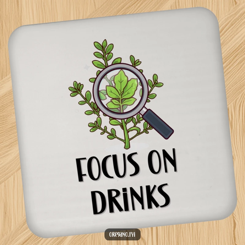 Funny coaster showing an oregano sprig with a magnifying glass, intently inspecting a leaf with a curious gaze.