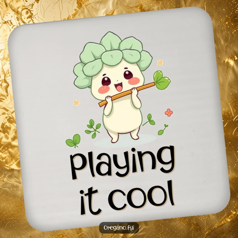 Funny kawaii oregano character playing a leaf flute on a drink coaster, offering surface protection with humor.