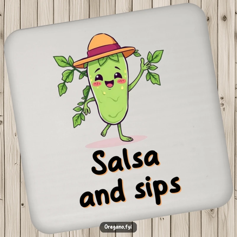 Funny drink coaster with a Kawaii oregano leaf character in a salsa dance pose, for festive tables.