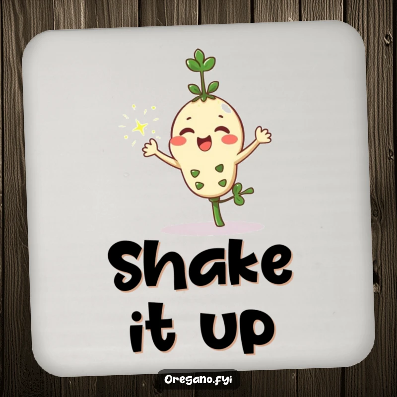 Funny kawaii oregano sprig character joyfully sprinkling shiny sparkles from its leaves on a protective drink coaster, a cute accessory.