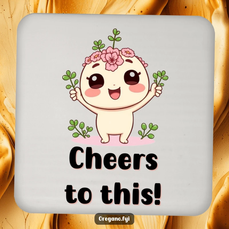 Funny kawaii oregano sprig character cheering with its tiny leaves held high on a protective drink coaster, a symbol of joy.