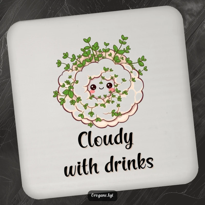 Funny drink coaster with a swirling oregano cloud and happy eyes, adding whimsical flair and surface protection. Home accessory.