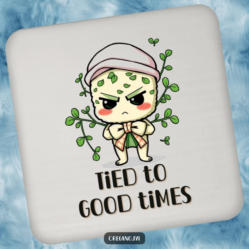 Funny coaster featuring a determined oregano character comically trying to tie a culinary bow, adding humor to drink service.