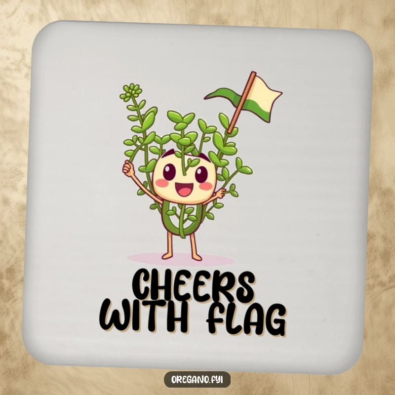 Funny coasters with a tiny oregano sprig character enthusiastically waving a miniature flag, adding cheerful spirit to tables.