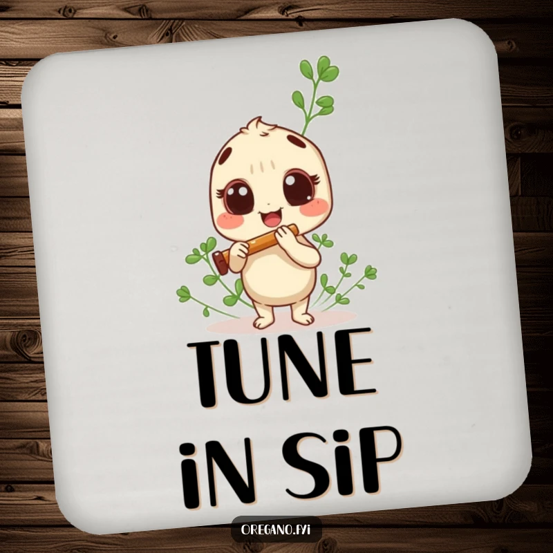 Funny oregano sprig coaster, playing a tiny panpipe, adding musical charm to tabletops.