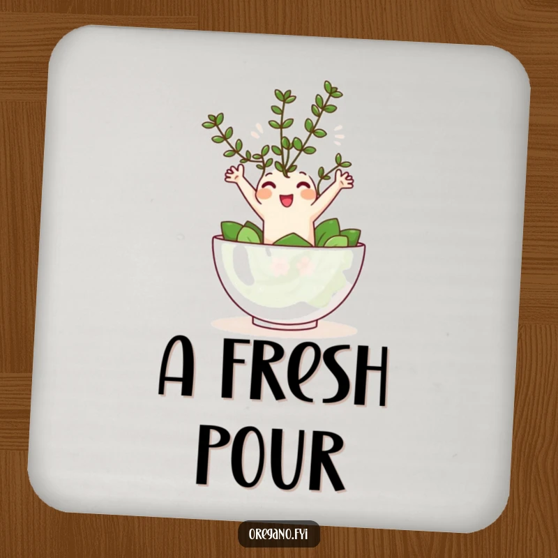 Funny Kawaii oregano sprig character joyfully leaping into a tiny salad bowl, a practical and humorous drink coaster.