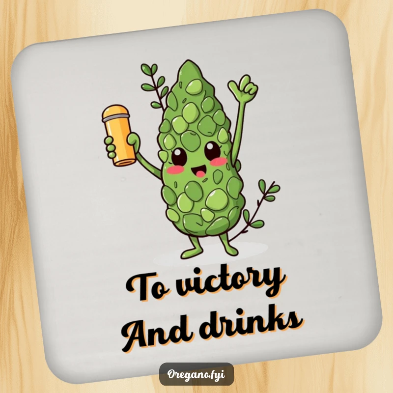 Funny coaster featuring a triumphant oregano leaf character holding a golden spice shaker aloft, a humorous surface protector.