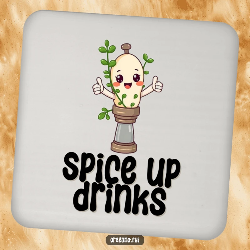 Funny Kawaii oregano sprig character giving a thumbs up while balancing on a pepper mill, a practical and humorous drink coaster.