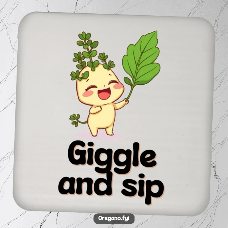Funny coasters with a giggling oregano sprig character being playfully tickled by a curry leaf, adding cheerful amusement.