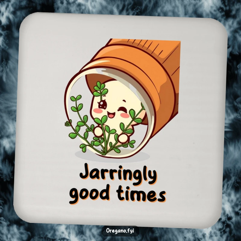 Funny coaster: A satisfied oregano character peeks from a spice jar, a humorous and content addition.