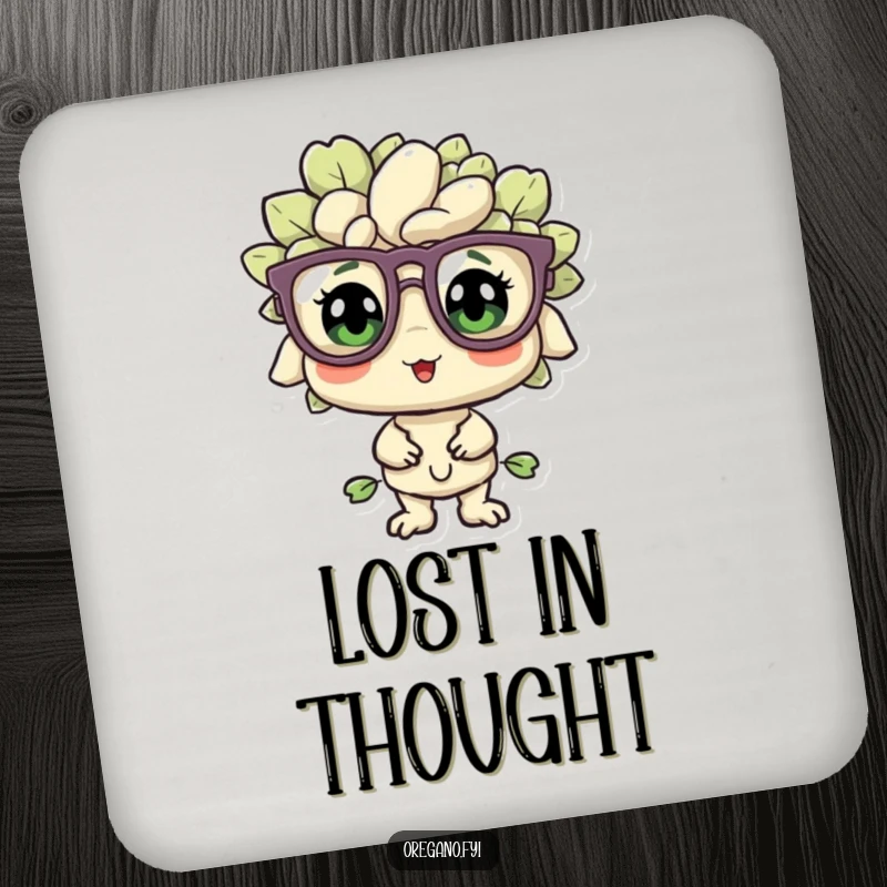 Funny oregano sprig with oversized glasses on a drink coaster, looking bewildered but pleased, adding humor and surface protection.