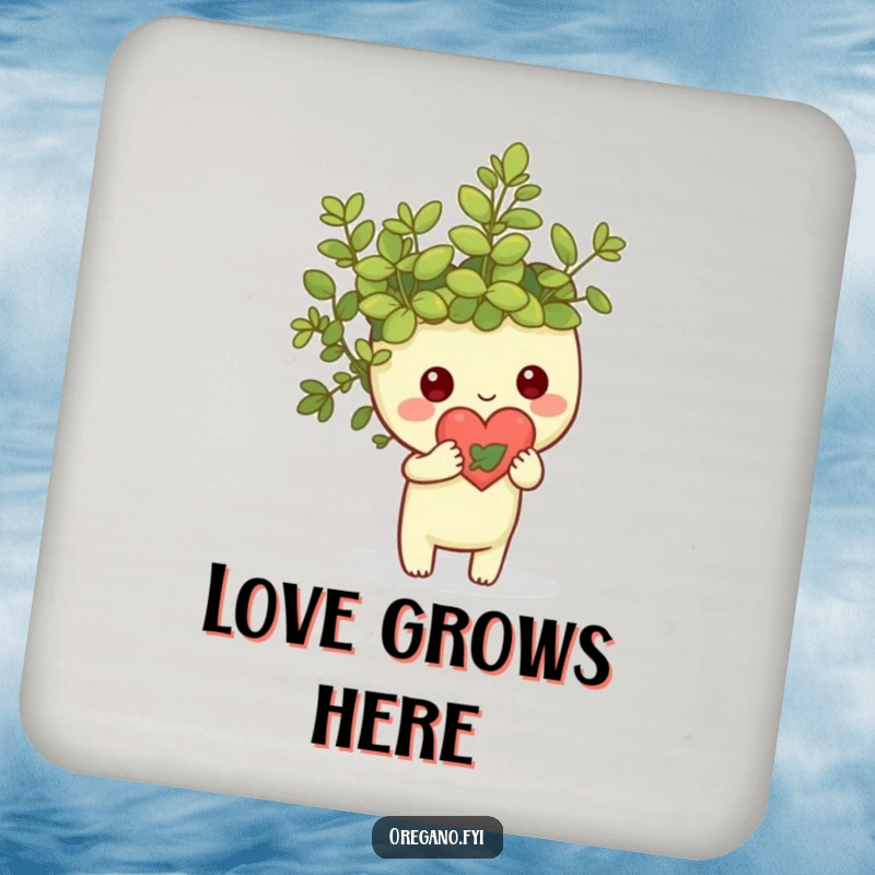 Funny Kawaii oregano sprig character holding a small heart made of leaves, set of coasters with natural and loving theme, protects furniture.