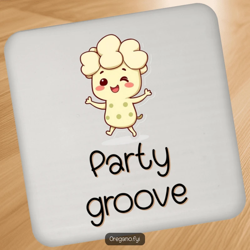 Funny drink coasters featuring a smiling oregano character dancing joyfully, protecting surfaces with herbaceous humor.