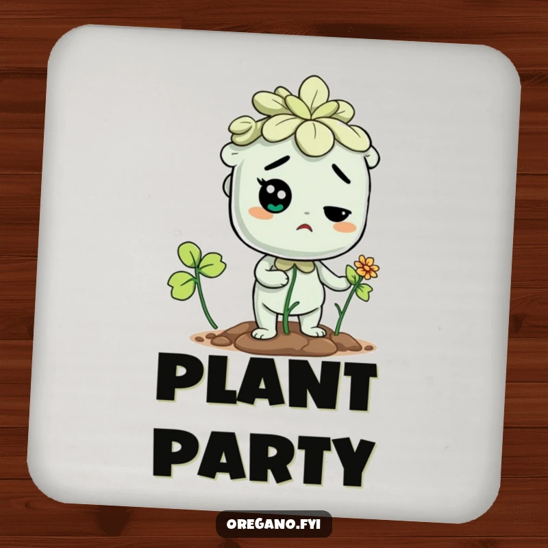 Funny drink coasters featuring a determined oregano character trying to sprout a flower, inspiring growth.