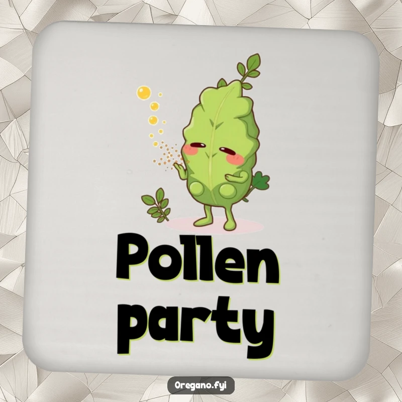 Funny drink coaster with an oregano leaf character sneezing aromatic herb dust, a humorous and practical home accessory.