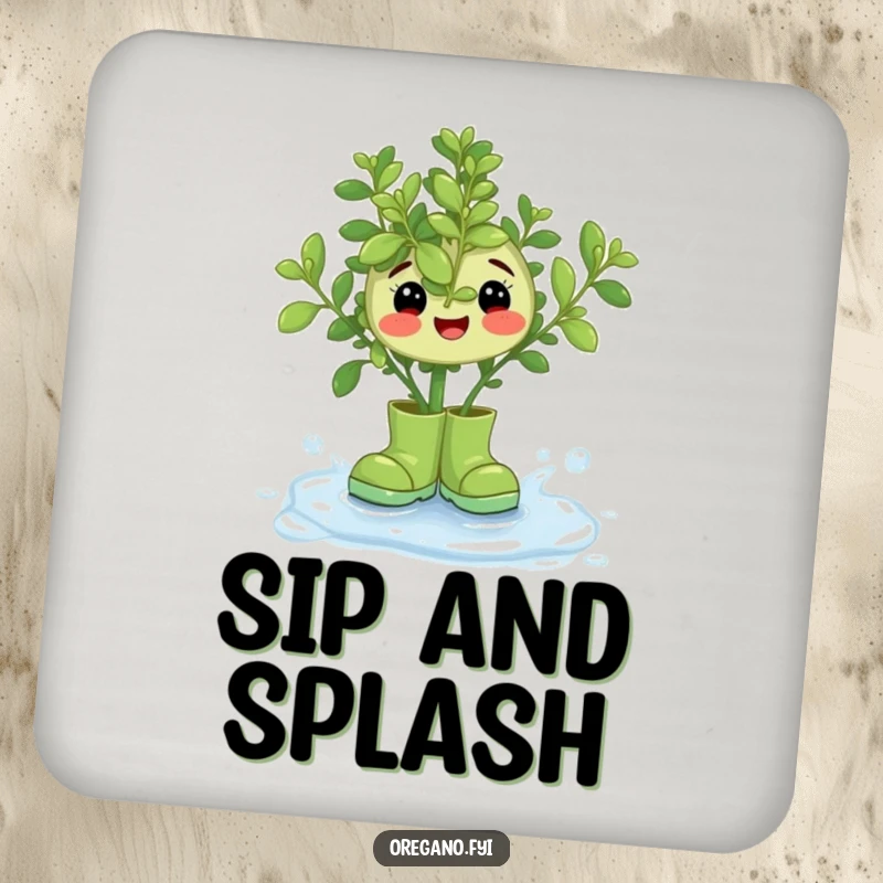 Funny Oregano Rain Boots Coasters: A whimsical oregano character in tiny boots, adding charm to beverage enjoyment.