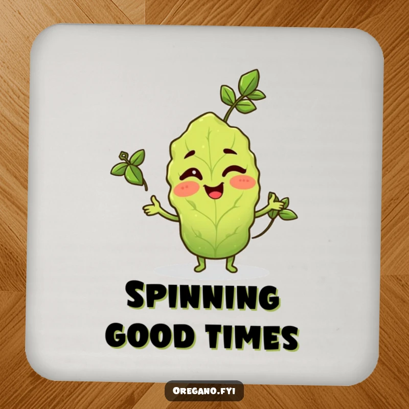 Funny coaster with a winking oregano leaf character juggling three basil leaves.