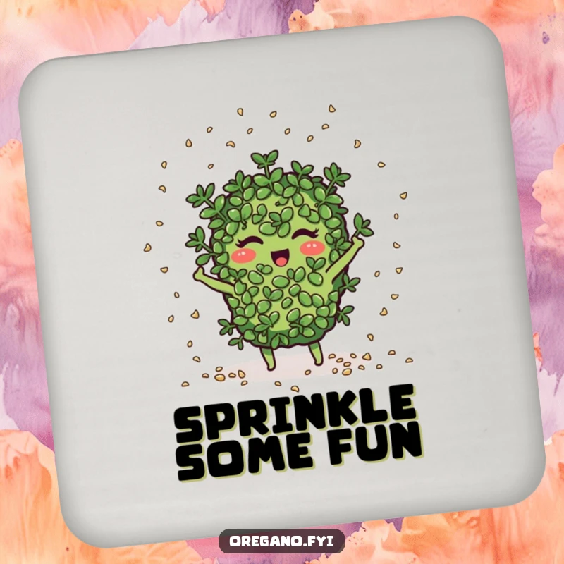 Funny oregano character joyfully scatters seeds like confetti, designed to protect surfaces humorously.