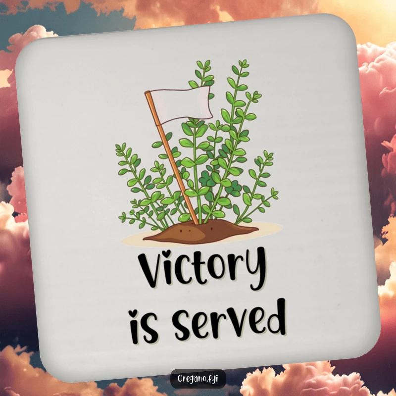 Funny Oregano Victory Flag Coasters: A triumphant oregano sprig planting a flag, adding a victorious touch to drink service.