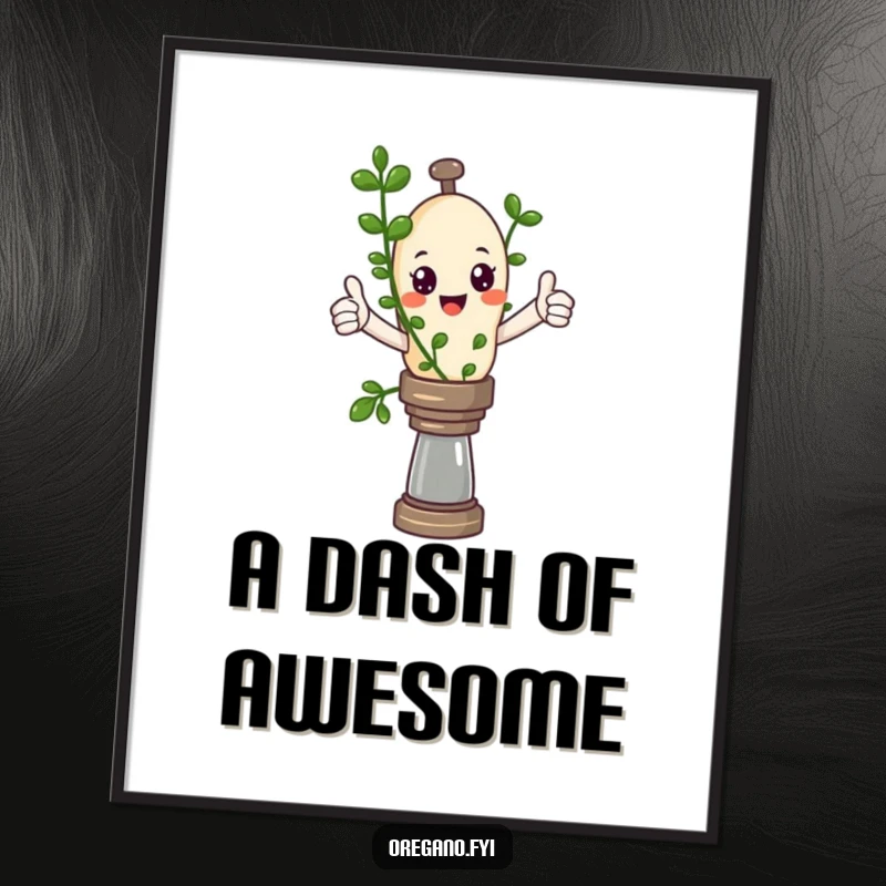 Funny Kawaii oregano sprig giving a thumbs up atop a pepper mill, vibrant and humorous wall art.