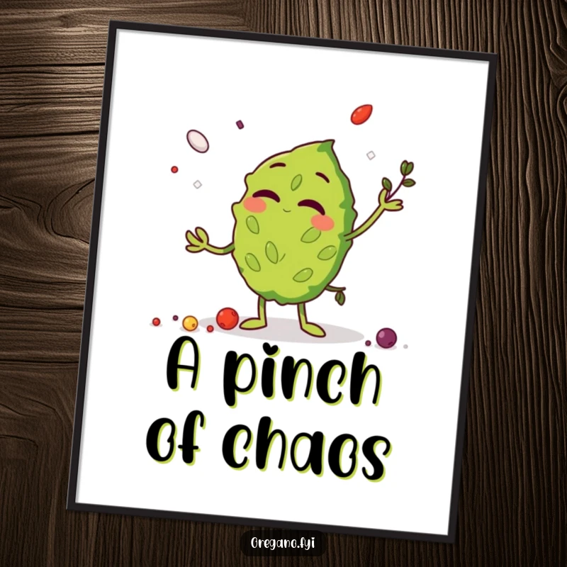 Funny Poster of a giggling oregano leaf character joyfully juggling peppercorns and salt crystals, adding culinary comedy to wall art.
