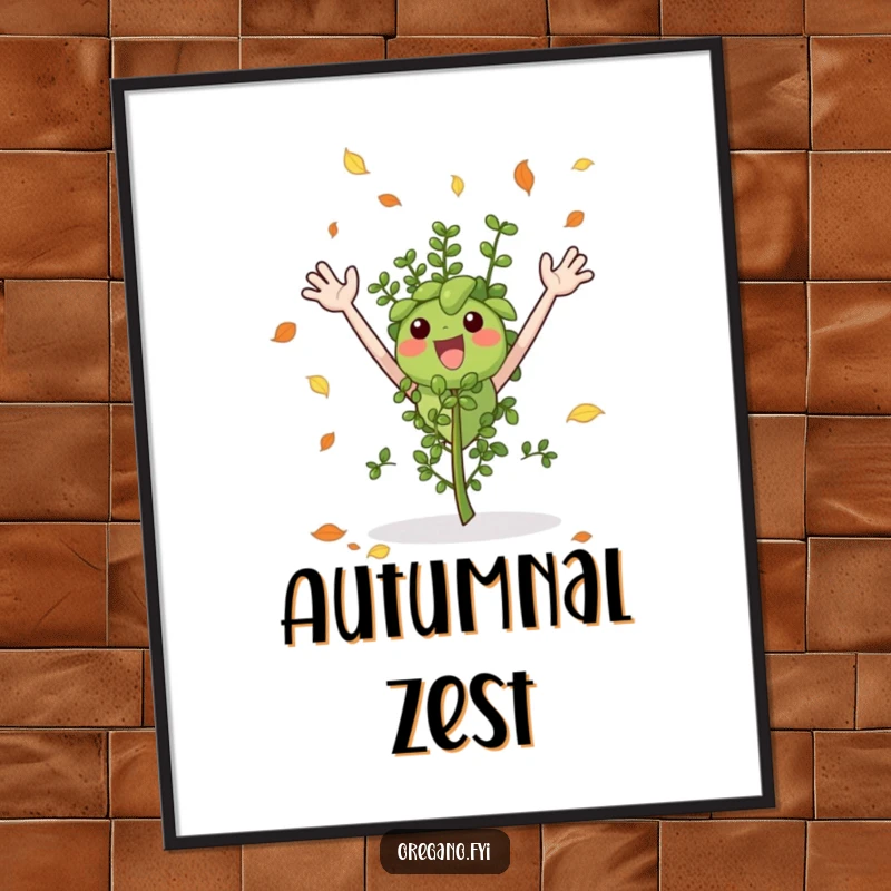 Funny poster illustrating an excited oregano sprig gleefully catching colorful falling autumn leaves with joyful abandon.