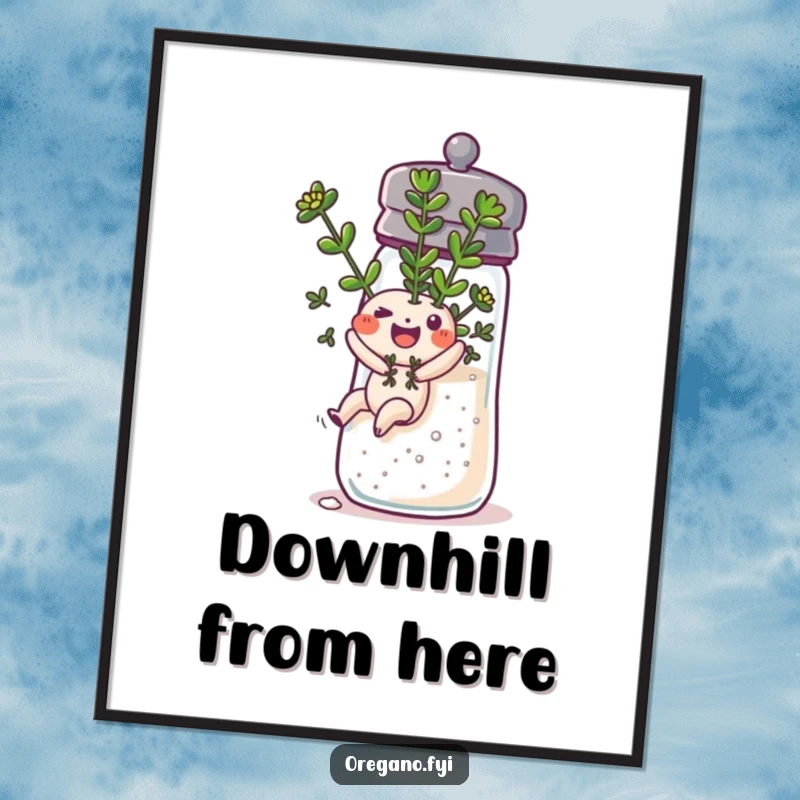 Funny oregano sprig character sliding down a salt shaker on a poster, capturing a moment of exhilarating, playful action.