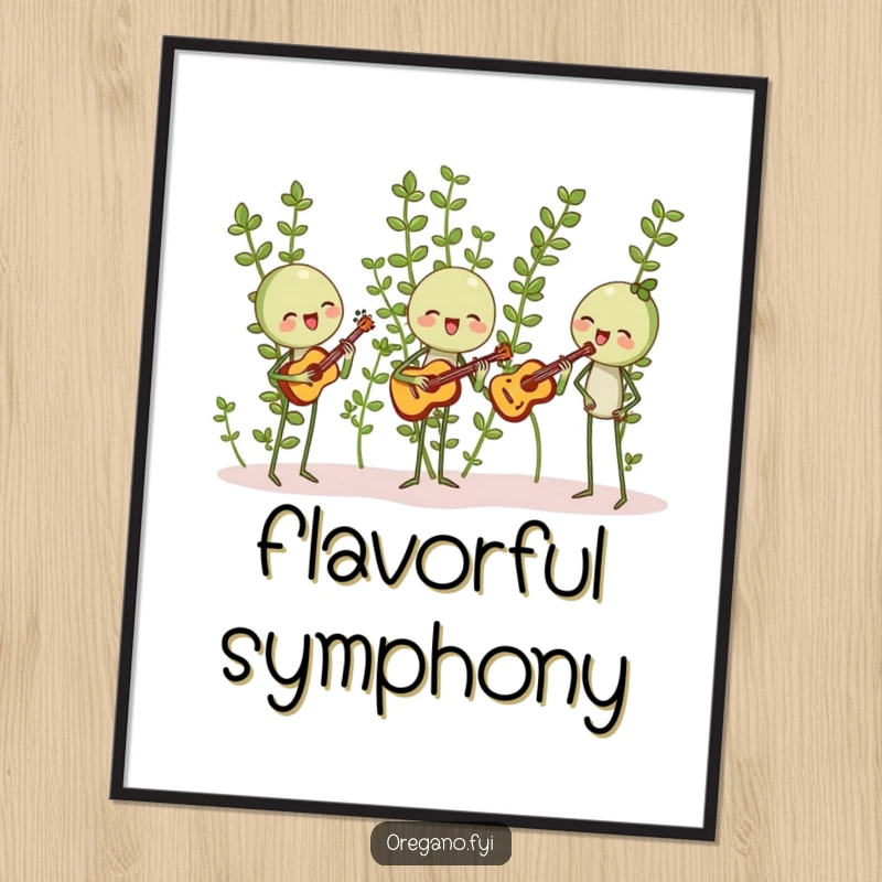 Funny poster of oregano sprigs happily harmonizing with tiny leaf-shaped instruments, whimsical and musical herb-themed wall art.