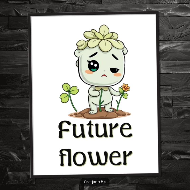 Funny poster showing a determined oregano character focused on sprouting a flower, symbolizing personal growth and effort.