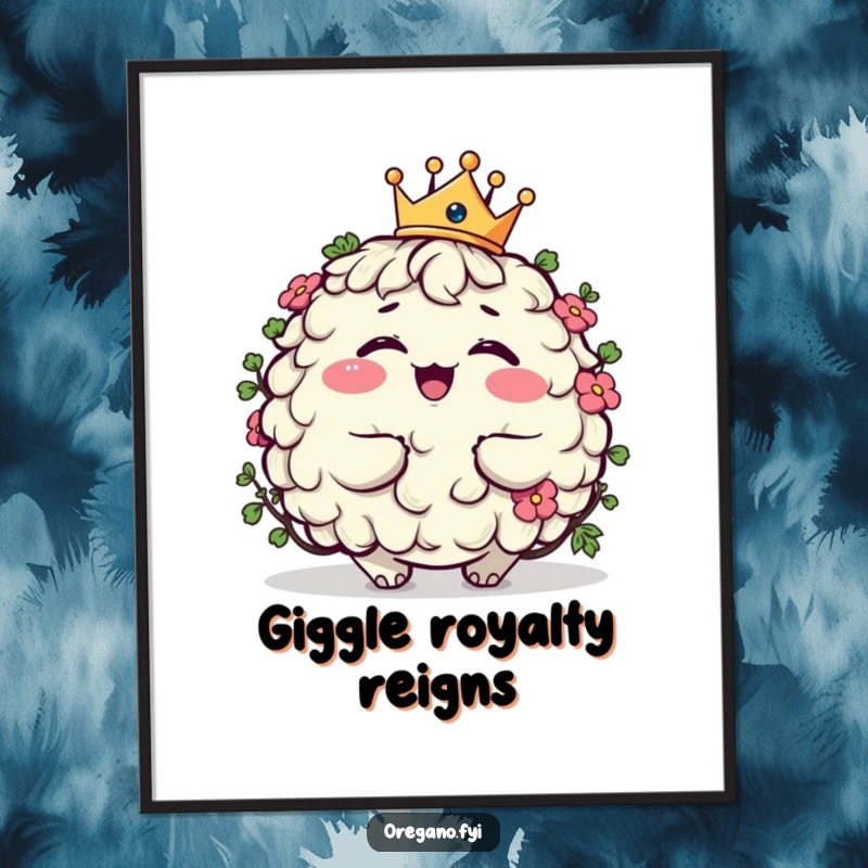 Funny plump oregano character poster giggling while wearing a tiny crown, regal and humorous wall art for herb lovers.