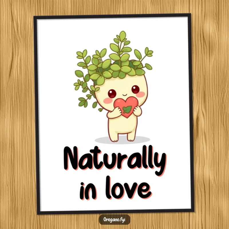 Funny Kawaii oregano sprig character holding a tiny heart made of leaves, vibrant poster art with natural and loving theme, wall decor.