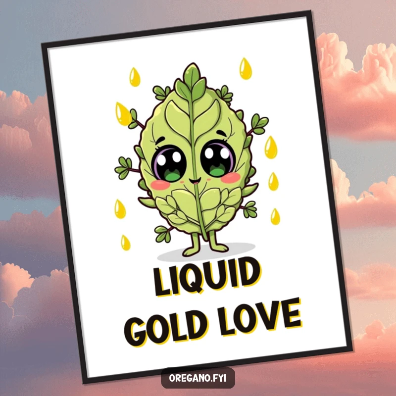 Funny poster artwork of a wide-eyed oregano leaf character being showered by falling olive oil droplets.