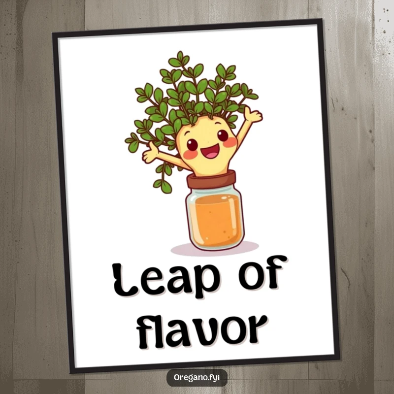 Funny poster of a happy oregano sprig character joyfully leaping over a spice jar, bringing dynamic energy and culinary humor to any room.