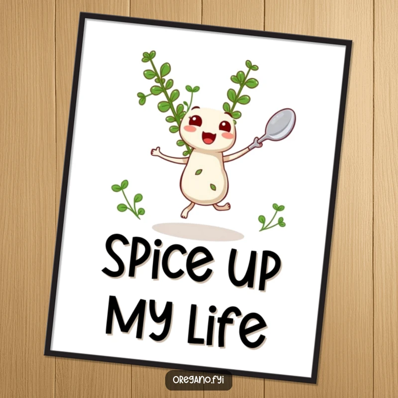 Funny Oregano Poster: A happy kawaii oregano sprig dances with a miniature spoon, bringing culinary cheer to your wall art.