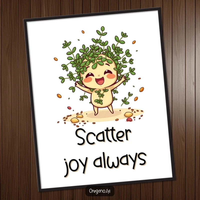 Funny Oregano Poster: A gleeful kawaii oregano sprig scatters imaginary spices, bringing culinary fun to your wall art.