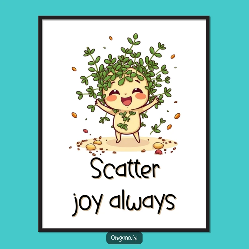 Funny Oregano Poster: Scattering Kawaii Herb Art for Kitchen Decor