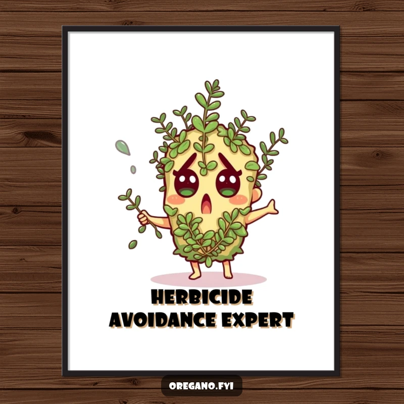 Funny poster: An oregano character with a shocked expression dodges a falling herb sprig, creating a humorous scene.