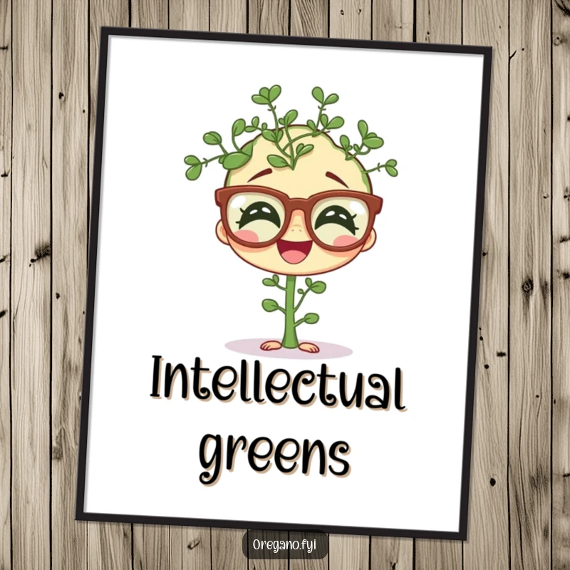 Funny poster showcasing a giggling oregano sprig wearing comical oversized spectacles, whimsical and humorous herb-themed wall art.