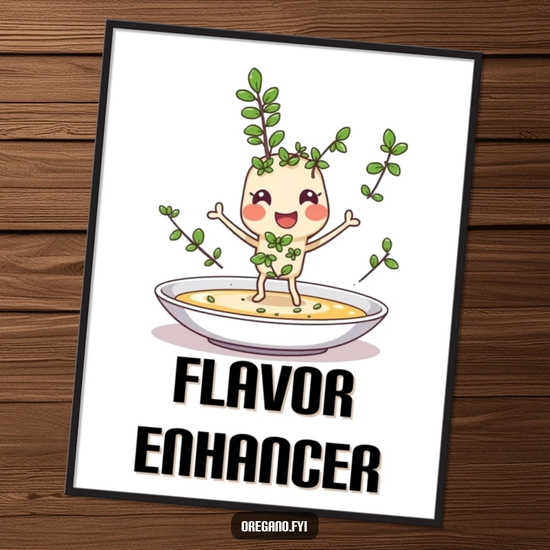 Funny poster of a cheerful oregano sprig character with tiny legs joyfully sprinkling itself onto a dish, whimsical kitchen wall art.