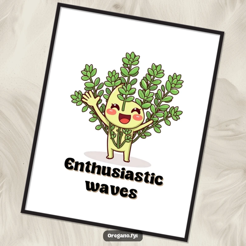 Funny poster art of a happy oregano herb energetically waving its fronds, creating a welcoming and humorous visual.