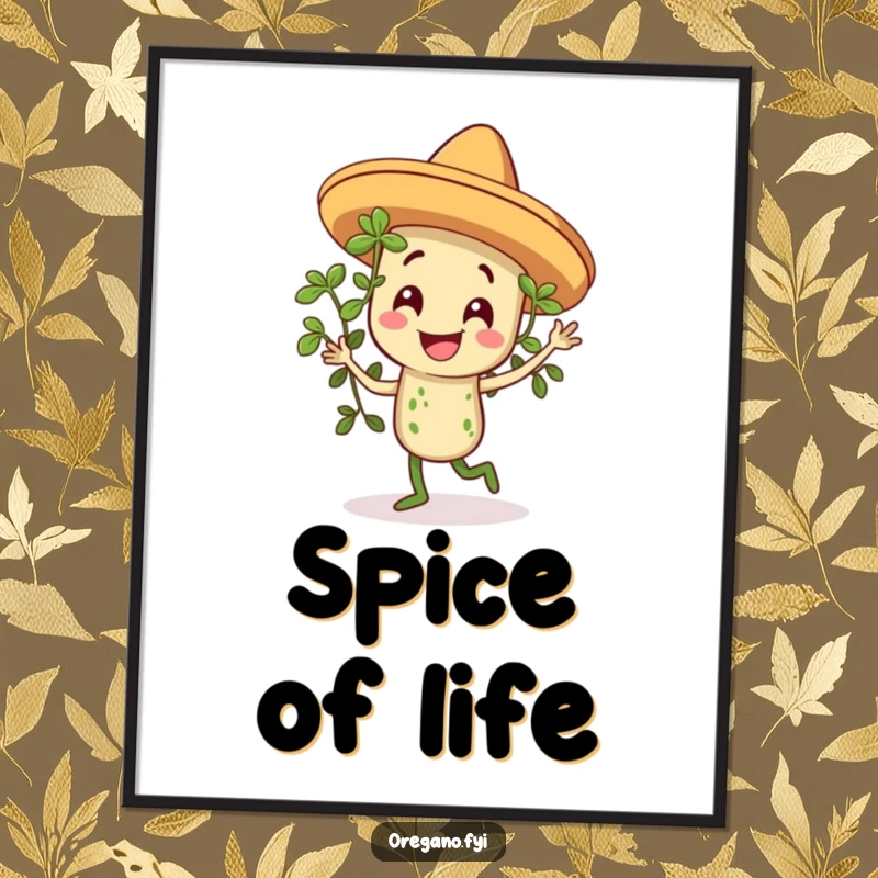 Funny poster featuring a smiling oregano sprig in a tiny sombrero, captured mid-dance with infectious flair and energy.
