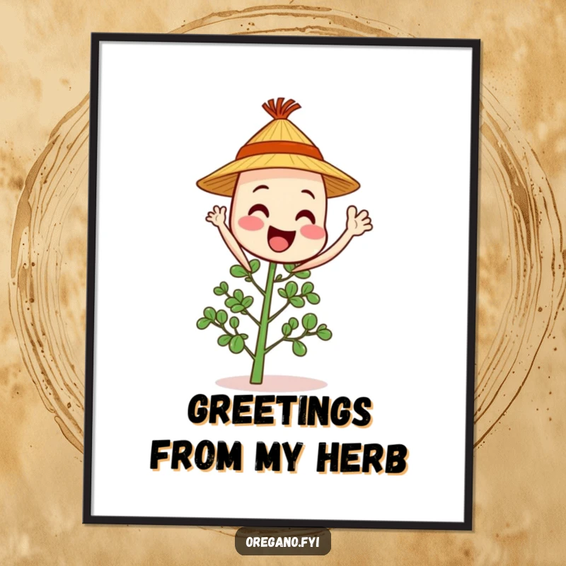 Cheerful oregano sprig character in a straw hat waves hello, bringing sunny, humorous vibes to wall art.