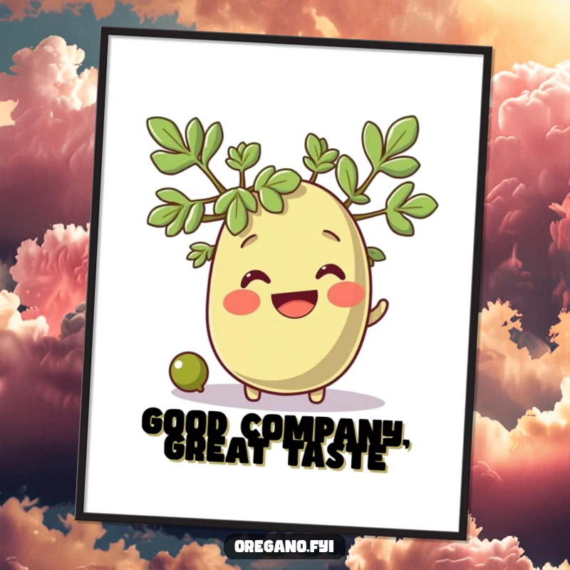 Funny oregano character with a wide smile watching a tiny olive roll past, delightful humorous art.