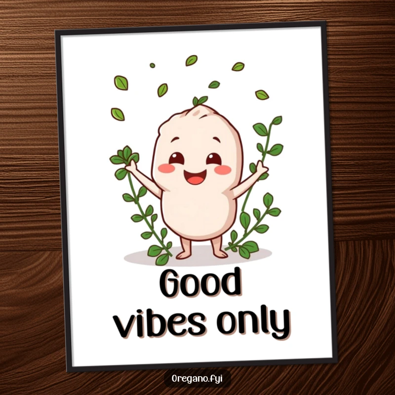 Funny oregano character with a big smile, tossing herb leaves, vibrant and humorous wall art.