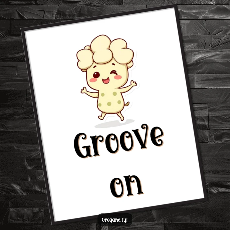 Funny poster depicting a smiling oregano character doing a joyful dance, bringing vibrant, herbaceous energy to the wall.