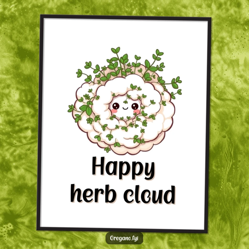 Funny poster print of a swirling oregano cloud with small, smiling eyes, evoking a sense of aromatic peace. Wall decor.