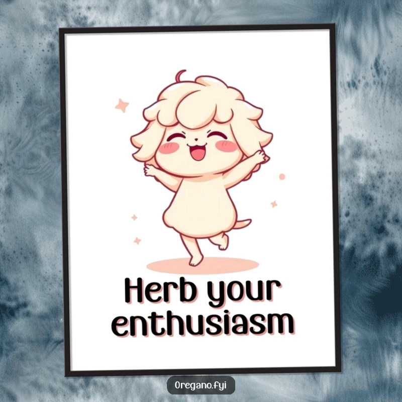 Funny poster art of a Kawaii oregano character performing a funny, delicate, and graceful dance, full of charm.