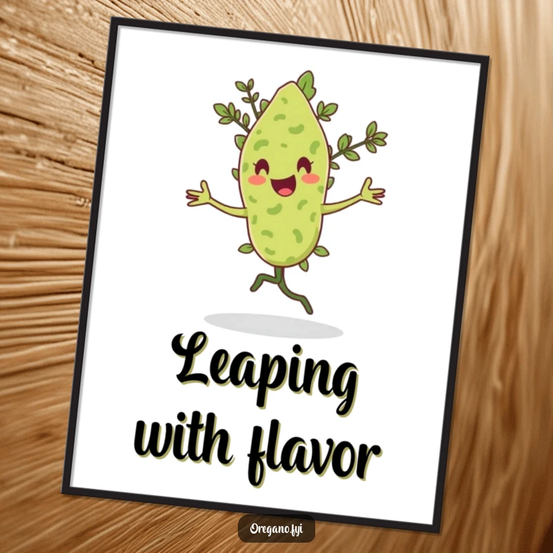 Funny poster artwork of an oregano leaf character joyfully performing a pirouette with a flourish.