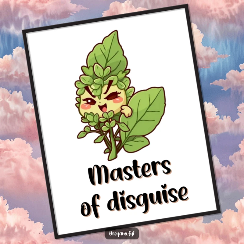 Funny poster: An oregano character winks mischievously while hiding behind a large basil leaf, creating intrigue.